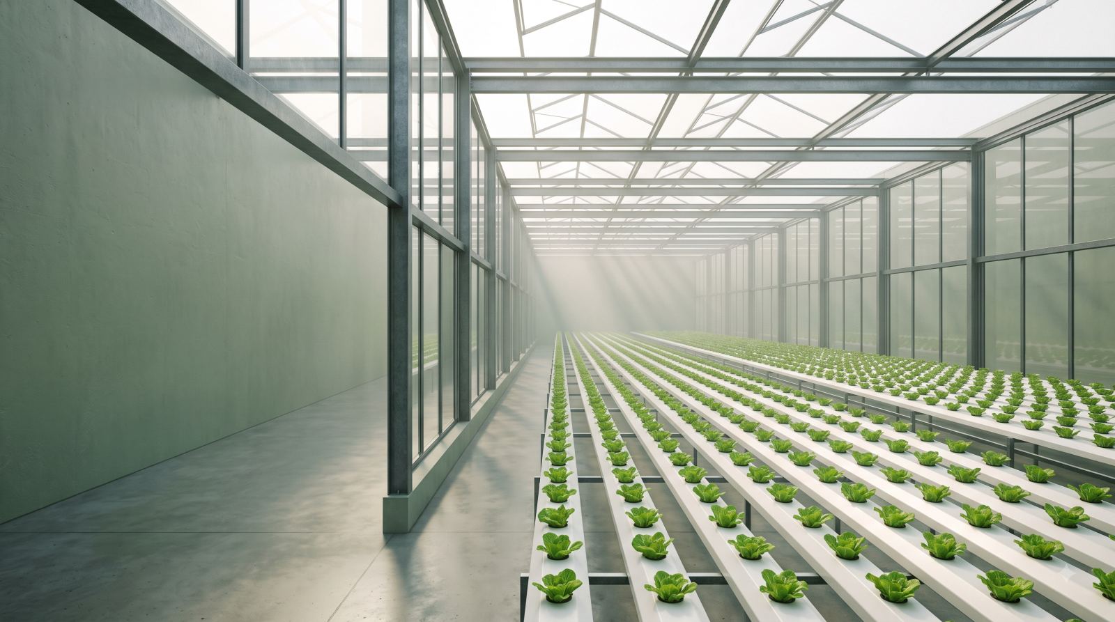 Rows of NFT channels running the length of a commercial greenhouse
