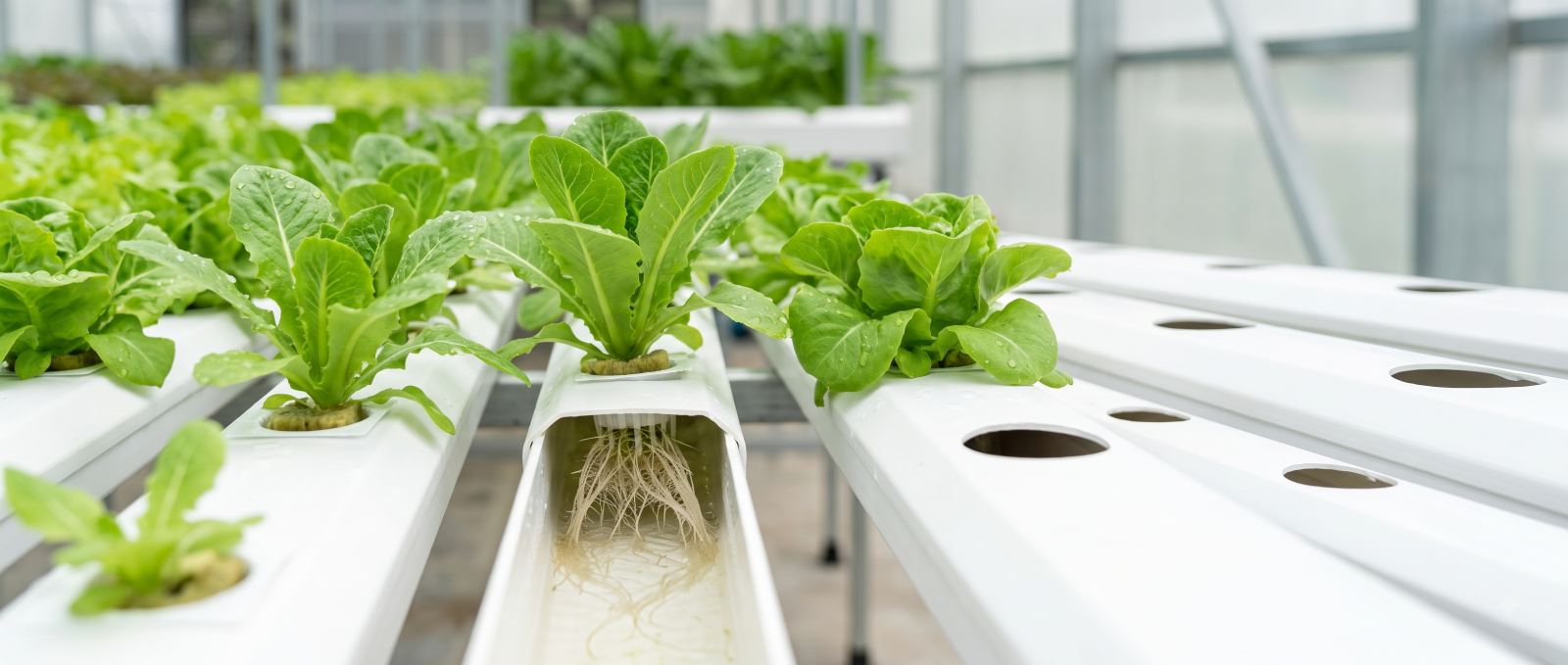 Lettuce rooted into a white NFT channel, roots visible in the nutrient film