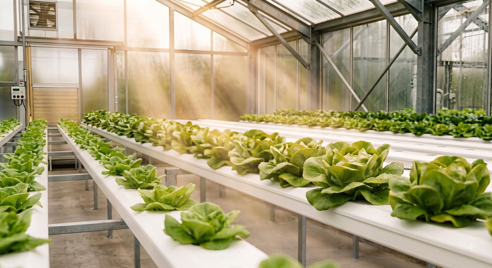 Lettuce in NFT channels with sunlight across the run