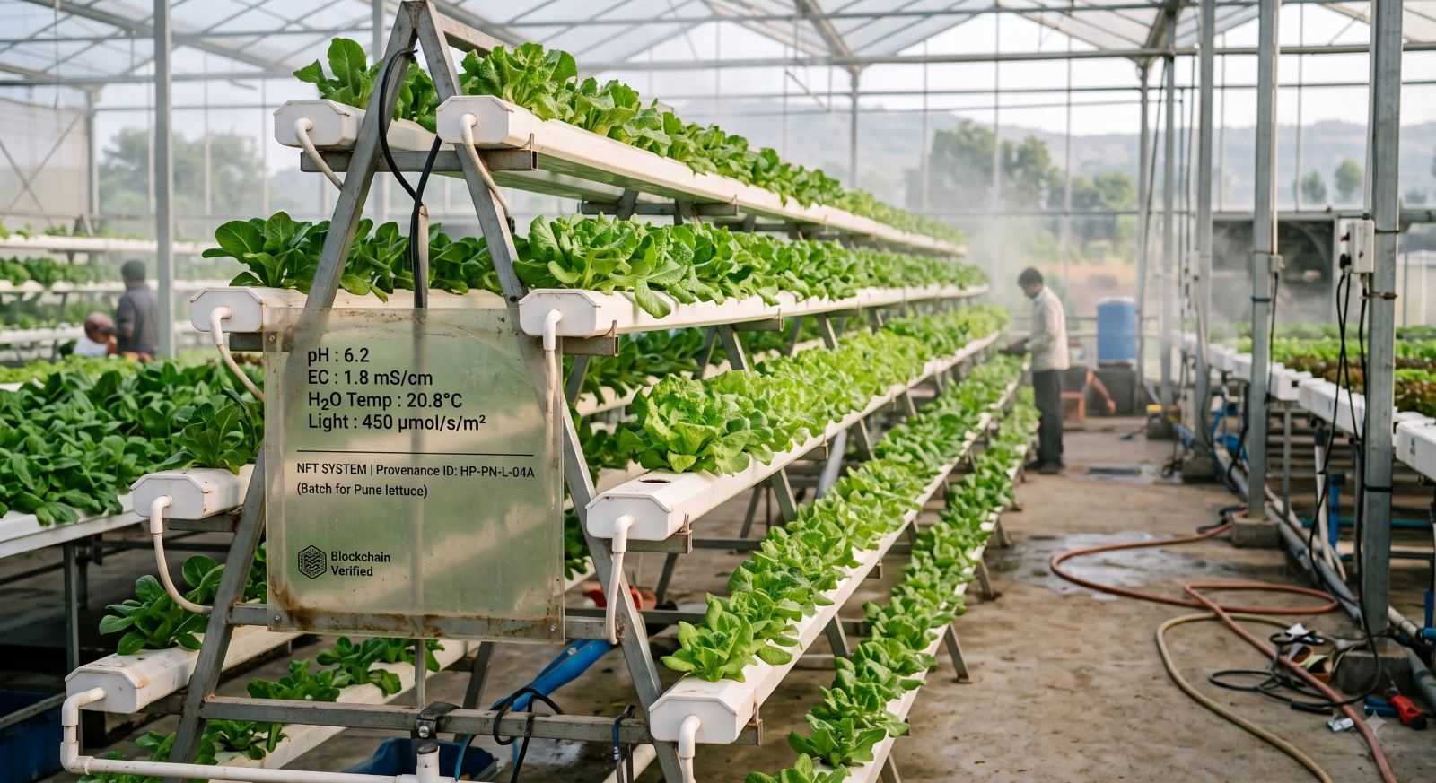 A working hydroponic NFT rack growing leafy greens without soil