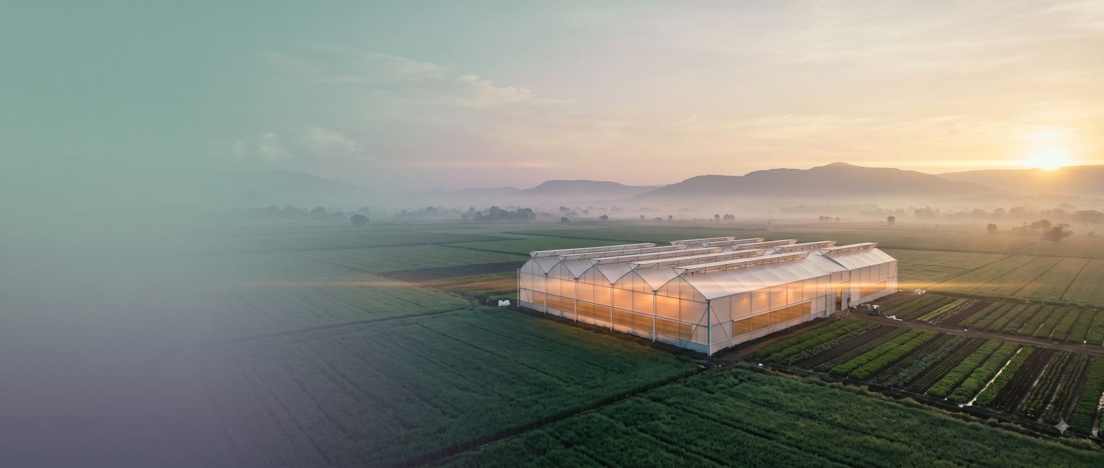 A commercial polyhouse seen from the air at sunrise, surrounded by open farmland