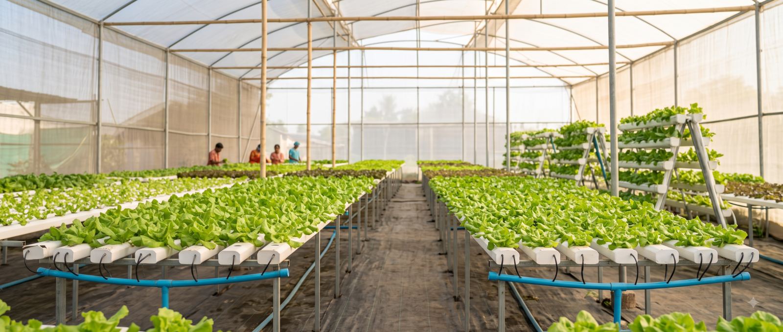The inside of a working polyhouse, beds of leafy greens running to the far end